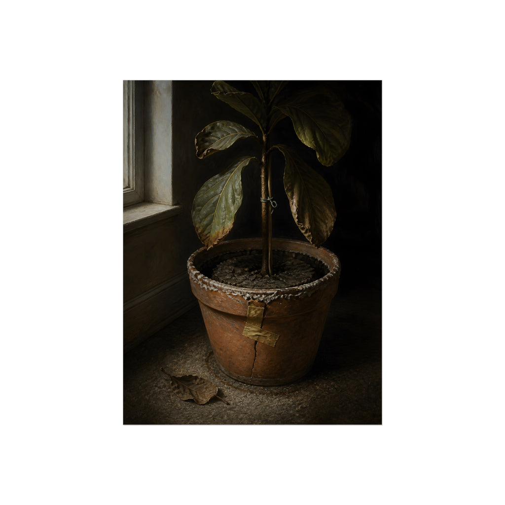 A drooping potted plant in a cracked terracotta pot beside a window. The Missed Watering by Garabaggio, fine art print, 12″ x 16″.