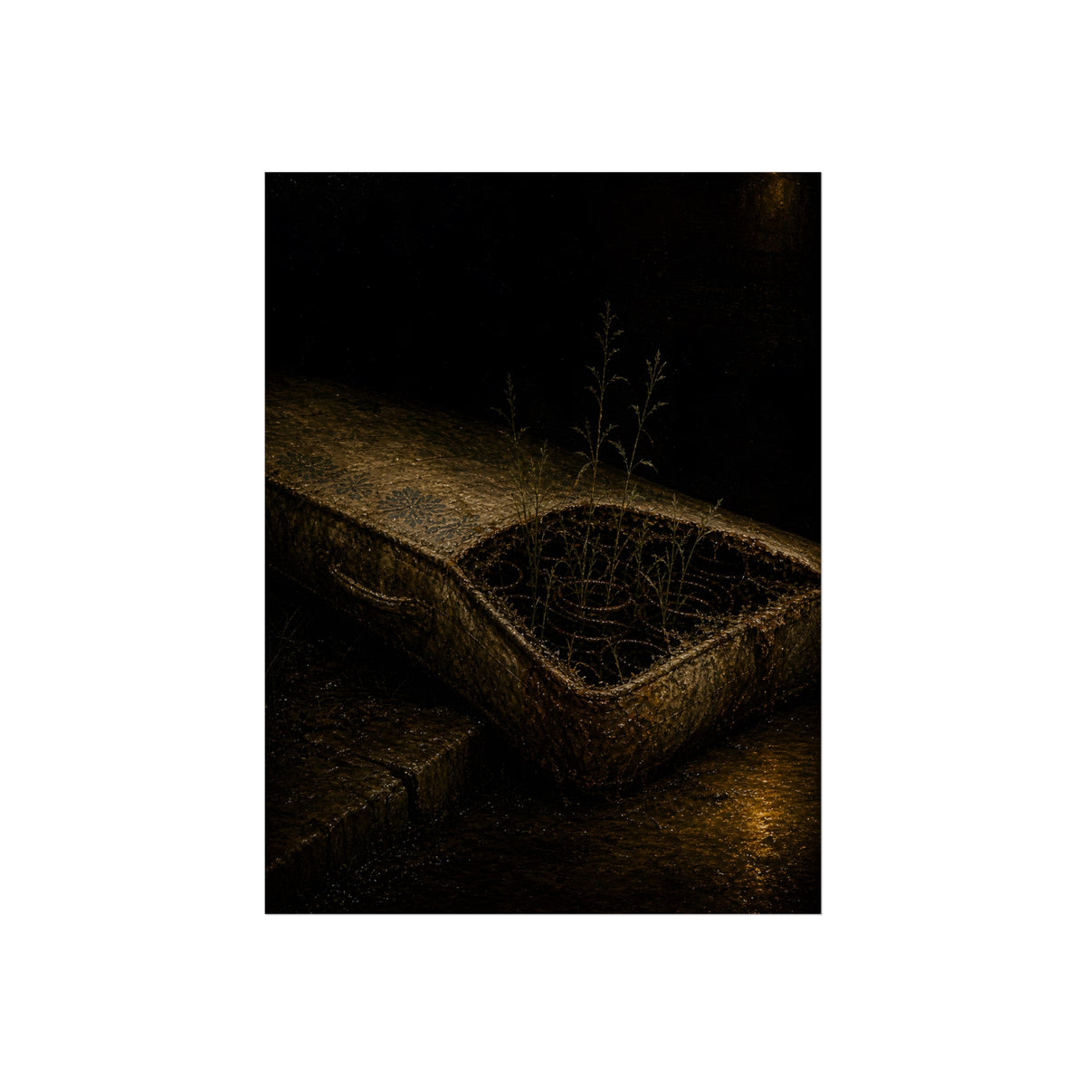Weeds growing through a torn mattress left at a wet curb at night. The Rooting of Weeds by Garabaggio, fine art print, 18″ x 24″.