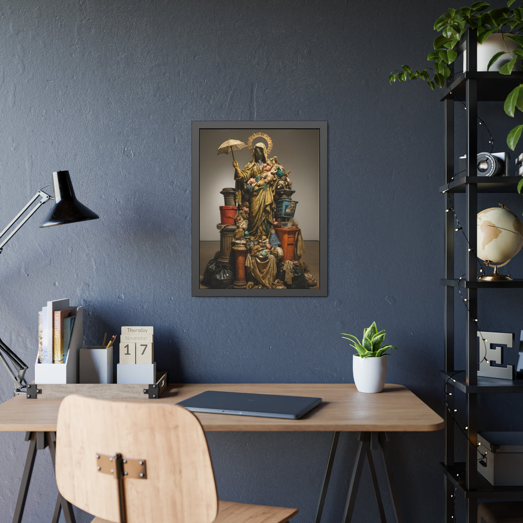 Robed figure with a halo and umbrella rising from trash bags and crates. Our Lady of Perpetual Shelter by Garabaggio, framed fine art print hanging in a room.
