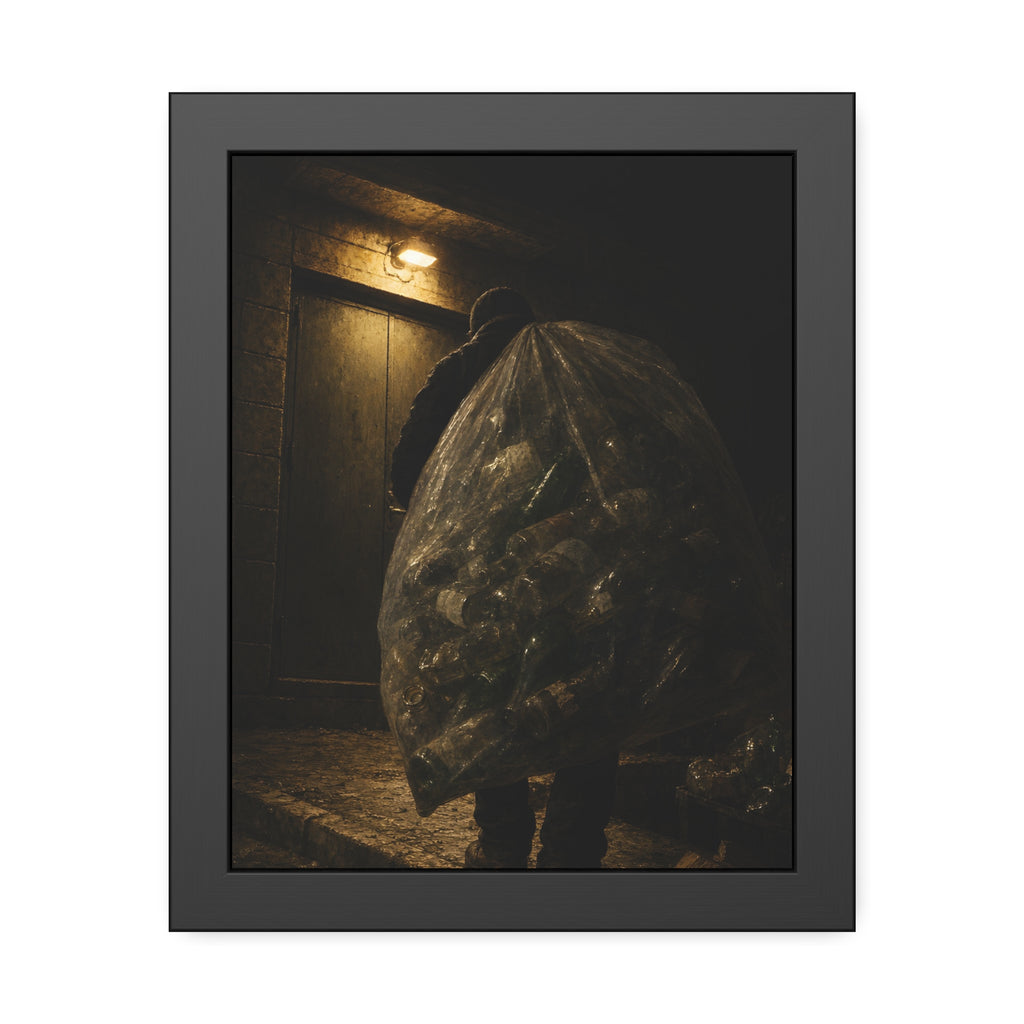 A man carrying a huge bag of bottles past a lit doorway at night. The Bag Carried Before Dawn by Garabaggio, framed fine art print, 11″ x 14″.