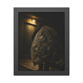 A man carrying a huge bag of bottles past a lit doorway at night. The Bag Carried Before Dawn by Garabaggio, framed fine art print, 11″ x 14″.