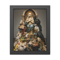 A robed statue on a mound of garbage bags in a gallery. The Immaculate Collection by Garabaggio, framed fine art print, 11″ x 14″.