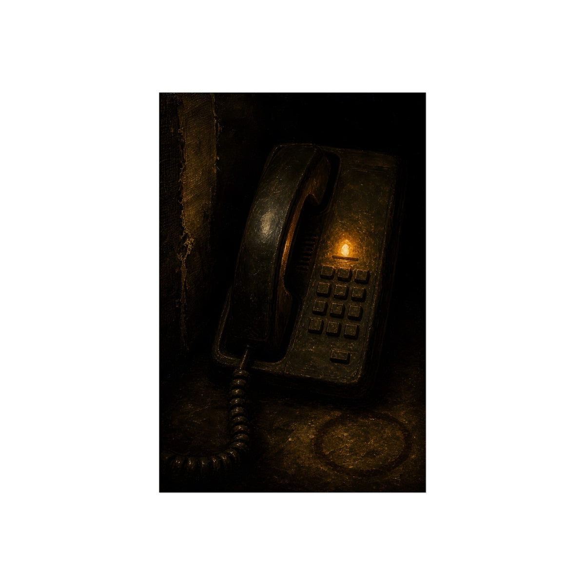 An old desk phone in the dark with one amber line light glowing. The First Ring by Garabaggio, fine art print, 24″ x 36″.
