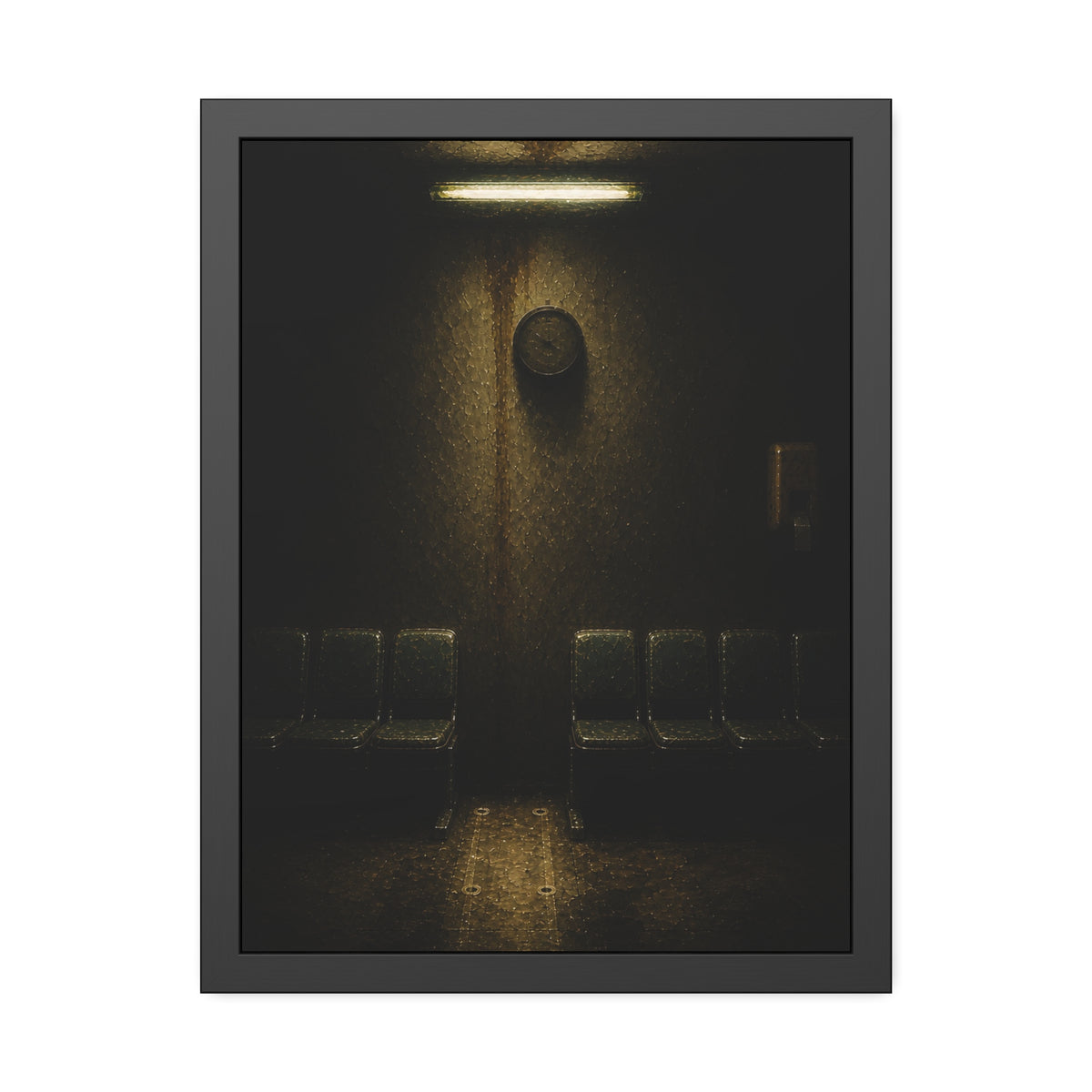 A gap in a row of waiting room chairs below a clock and one strip light. One Chair Removed by Garabaggio, framed fine art print, 18″ x 24″.