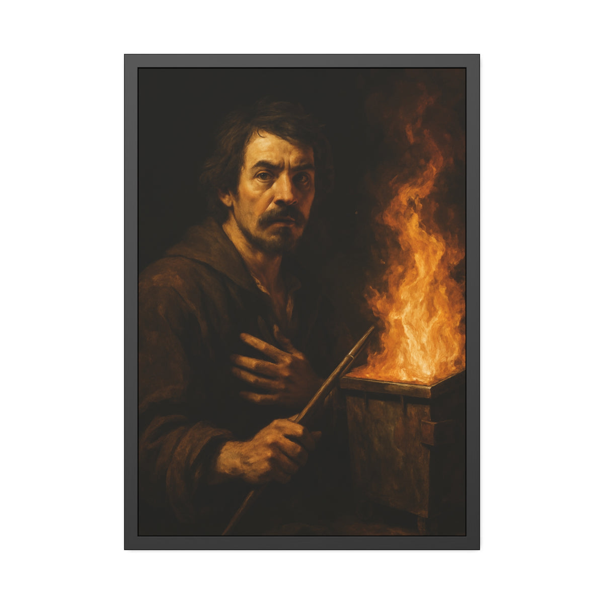 Man holding a long wooden stick, hand on chest, before a burning bin. Self-Portrait with Mahlstick by Garabaggio, framed fine art print hanging in a room.