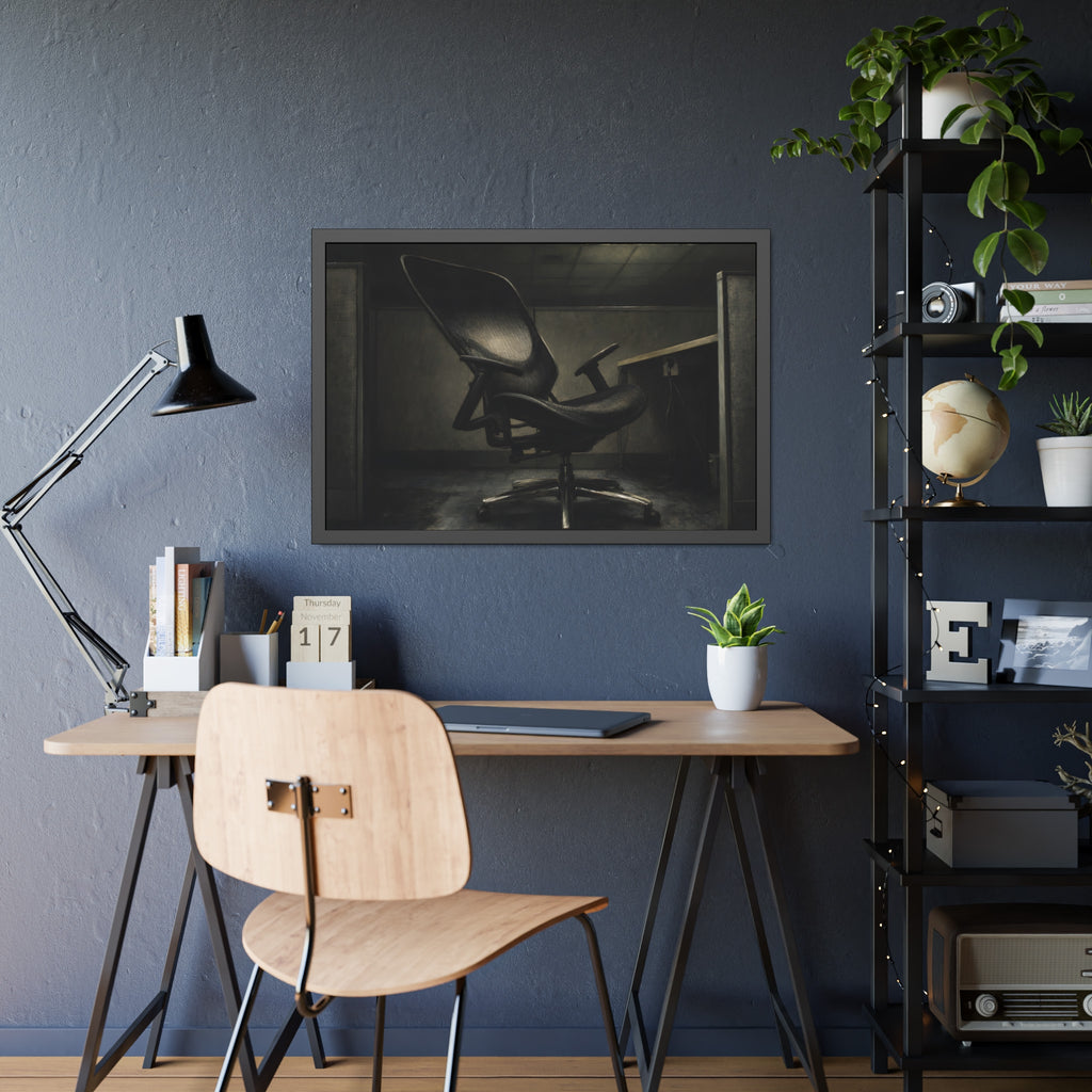 An office chair tilted back in an empty cubicle under one ceiling light. The Ergonomic Chair, Unlocked by Garabaggio, framed fine art print hanging in a room.