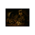 Five raccoons around a toppled metal trash can and spilled scraps. The Entombment of the Garbage by Garabaggio, fine art print, 16″ x 12″.
