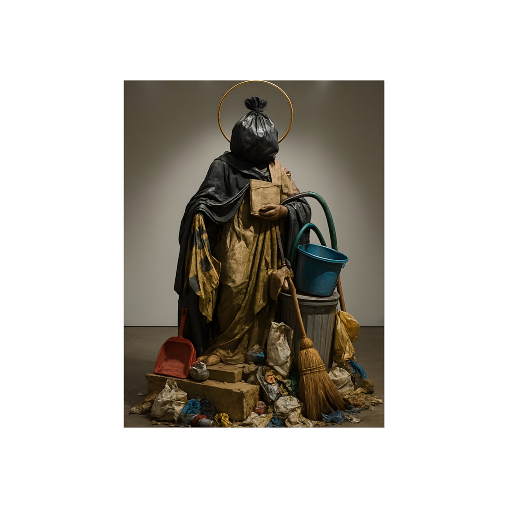 A robed figure with a garbage bag head and gold halo holding a broom. The Custodian Enthroned by Garabaggio, fine art print, 12″ x 16″.
