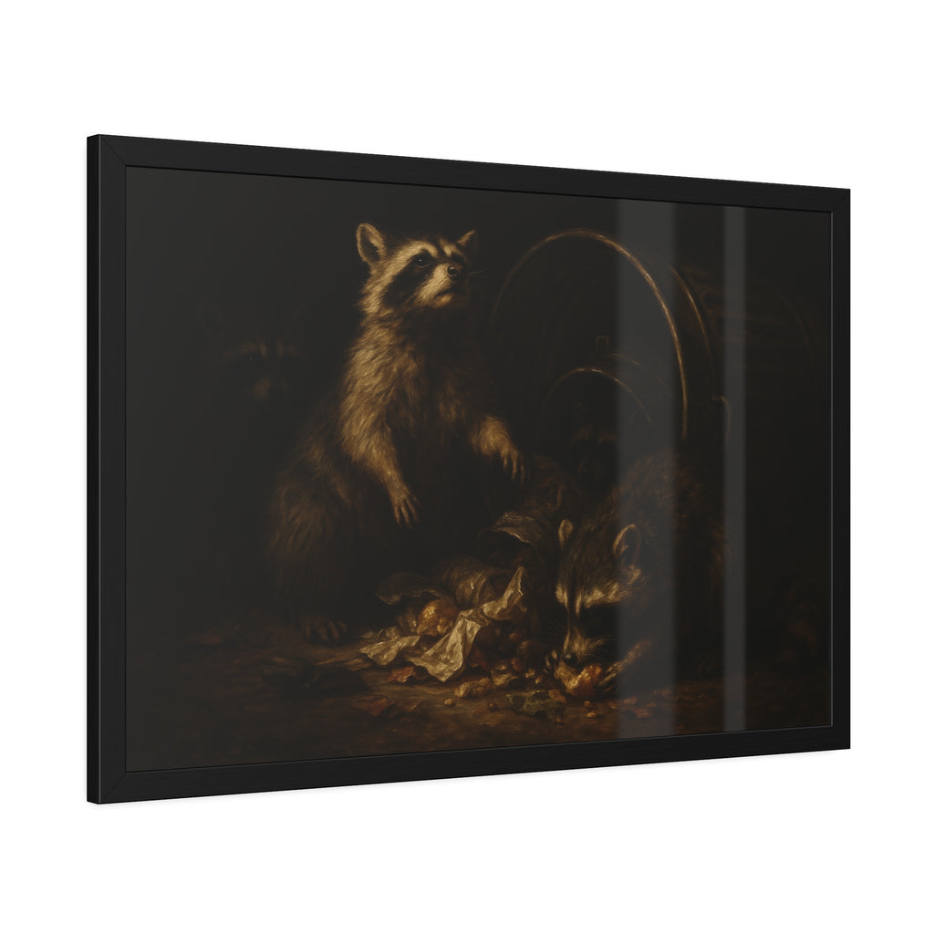Raccoons feeding on scraps around a tipped metal trash can in the dark. The Calling of St. Trash by Garabaggio, framed fine art print hanging in a room.