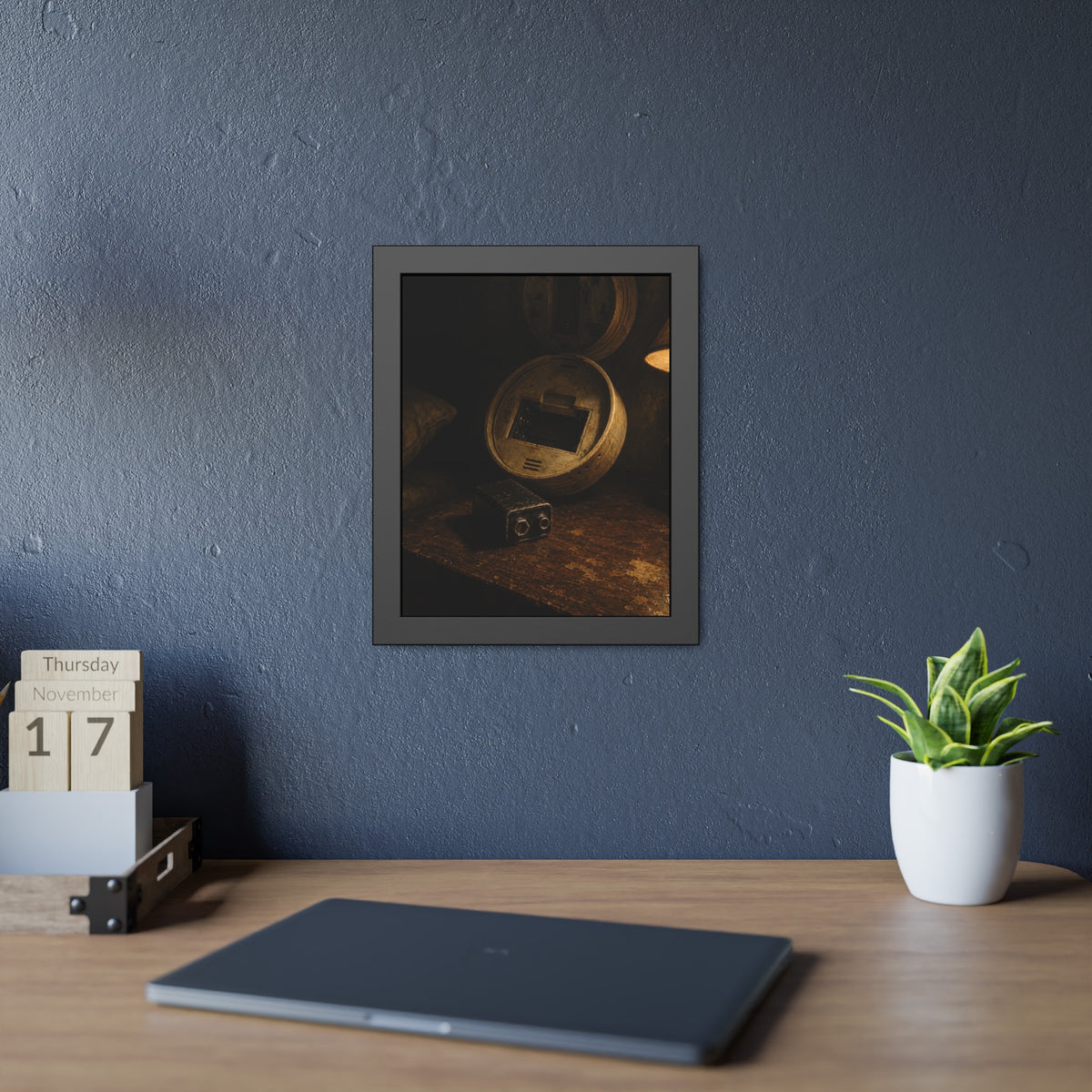 An open smoke detector on a wooden table beside a removed nine volt battery. The Silence After Removal by Garabaggio, framed fine art print hanging in a room.
