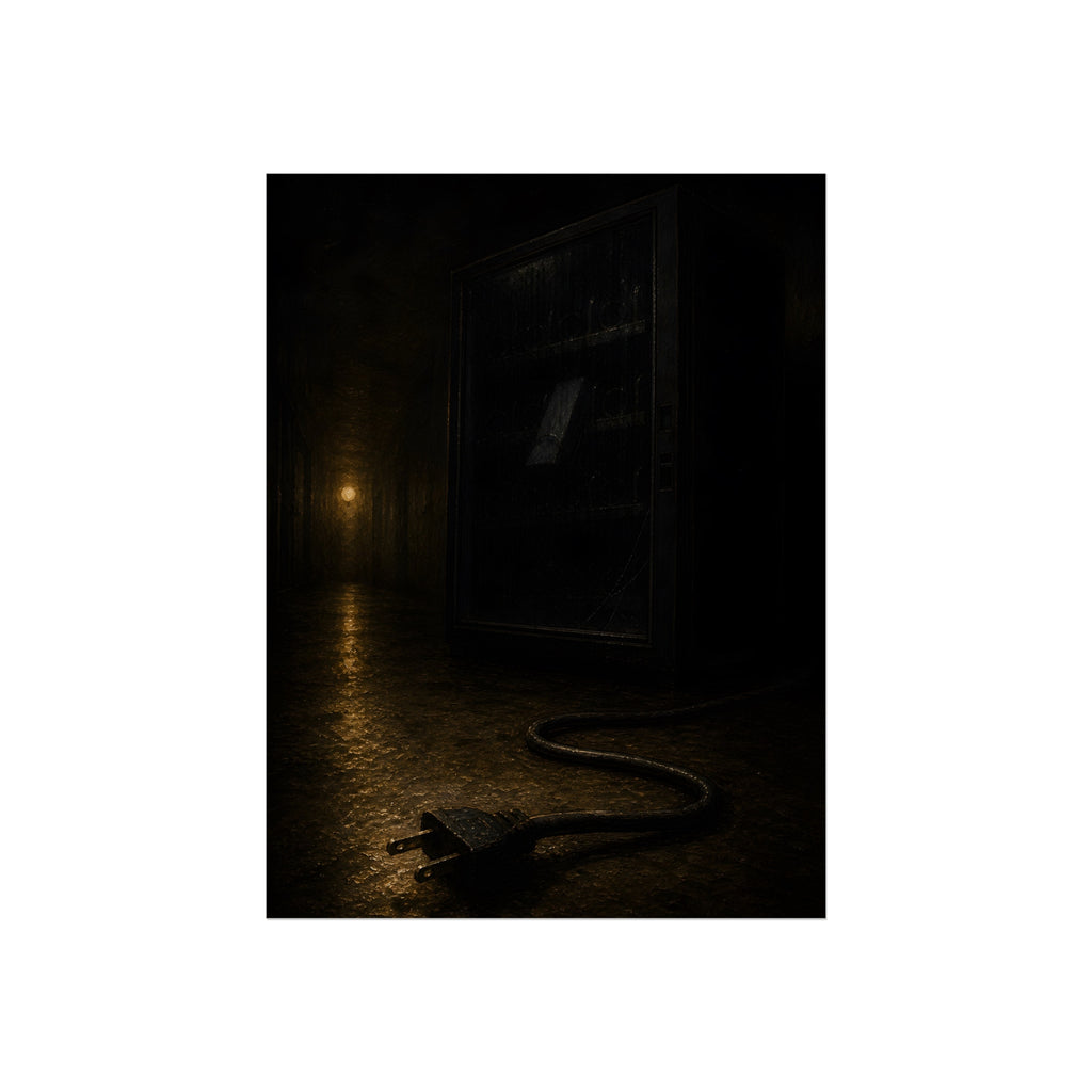 A dark vending machine with its unplugged cord lying on a wet corridor floor. The Unplugging by Garabaggio, fine art print, 12″ x 16″.