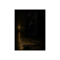 A dark vending machine with its unplugged cord lying on a wet corridor floor. The Unplugging by Garabaggio, fine art print, 12″ x 16″.