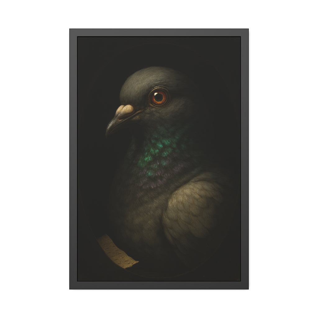 Close portrait of a pigeon with an iridescent green throat. Study of the Holy Messenger, No. 1 by Garabaggio, framed fine art print hanging in a room.