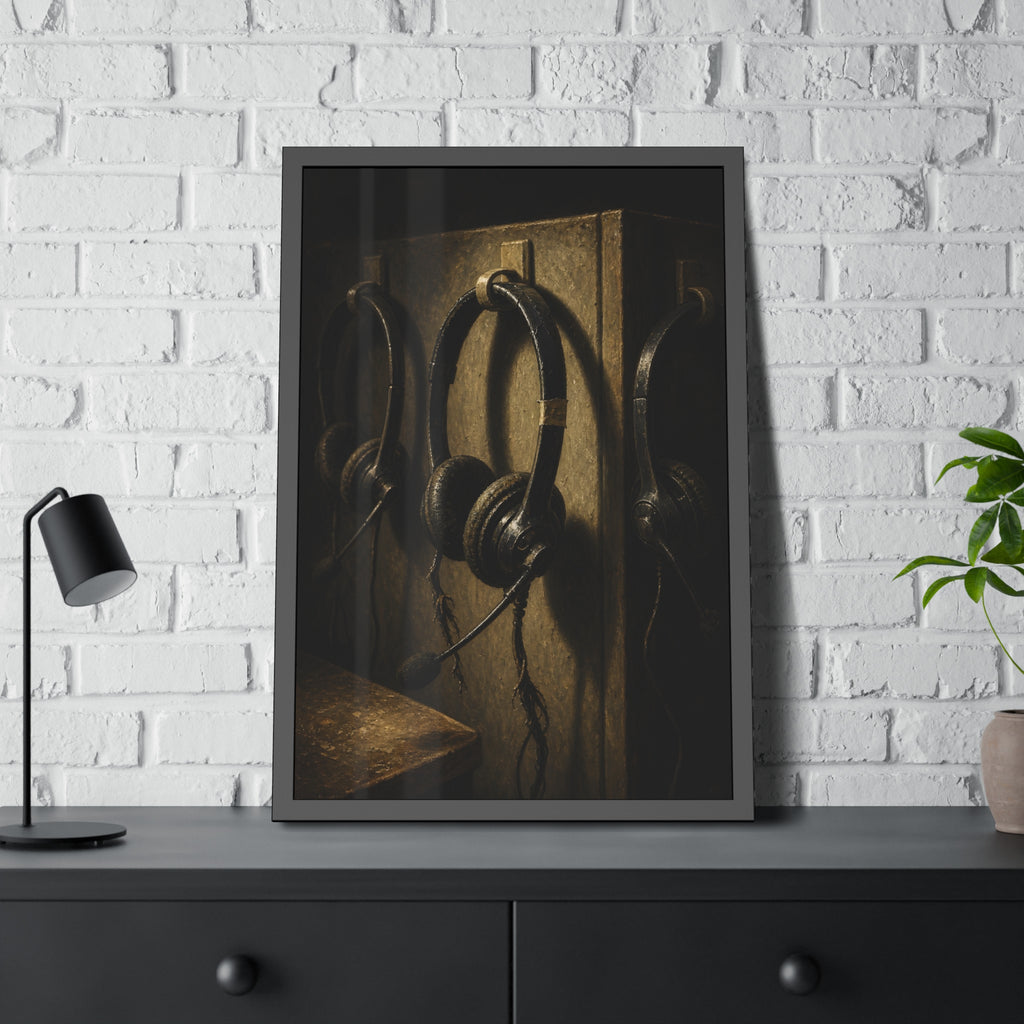 Three worn call center headsets hanging on wall hooks in dim light. The Headsets Left Hanging by Garabaggio, framed fine art print hanging in a room.