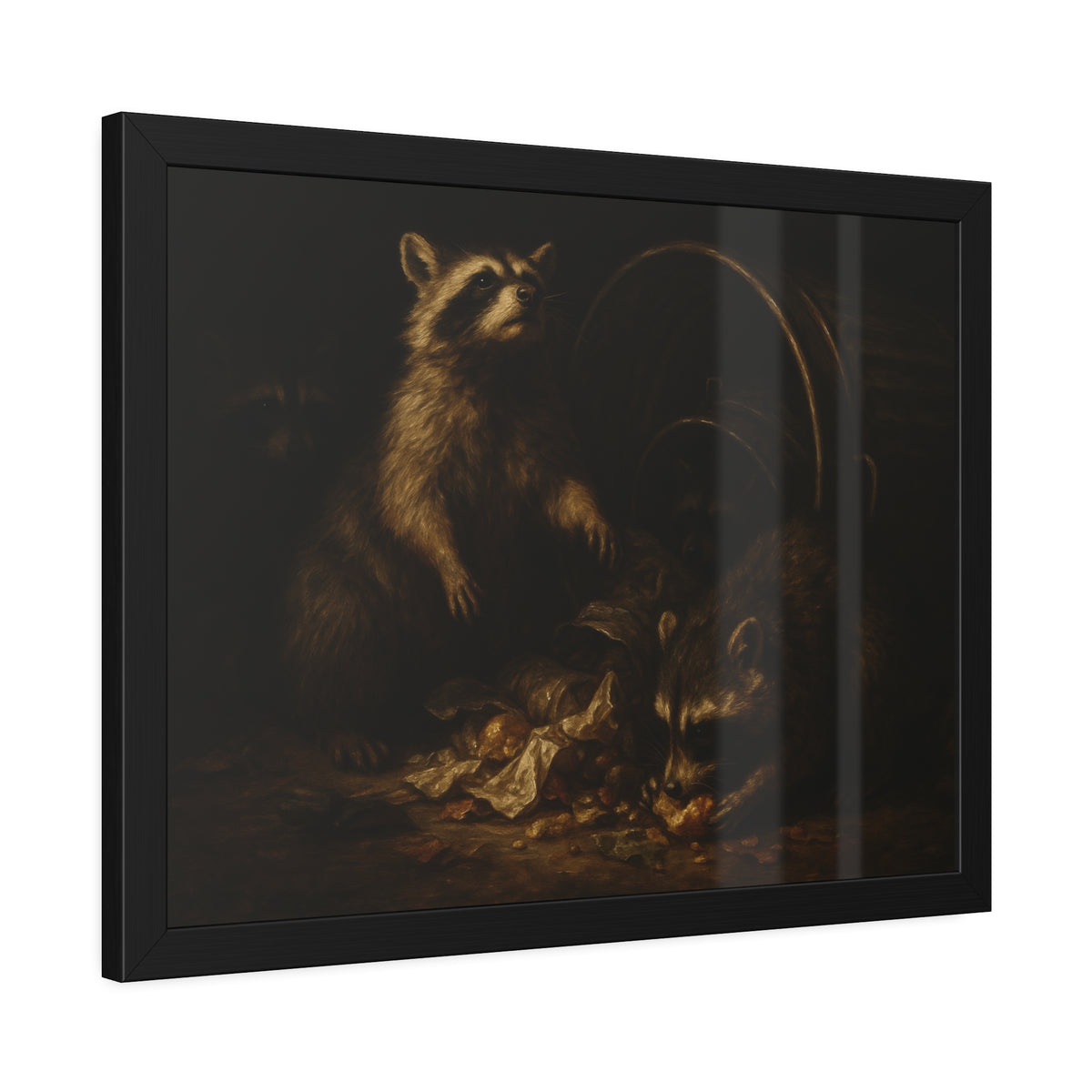 Raccoons feeding on scraps around a tipped metal trash can in the dark. The Calling of St. Trash by Garabaggio, framed fine art print hanging in a room.