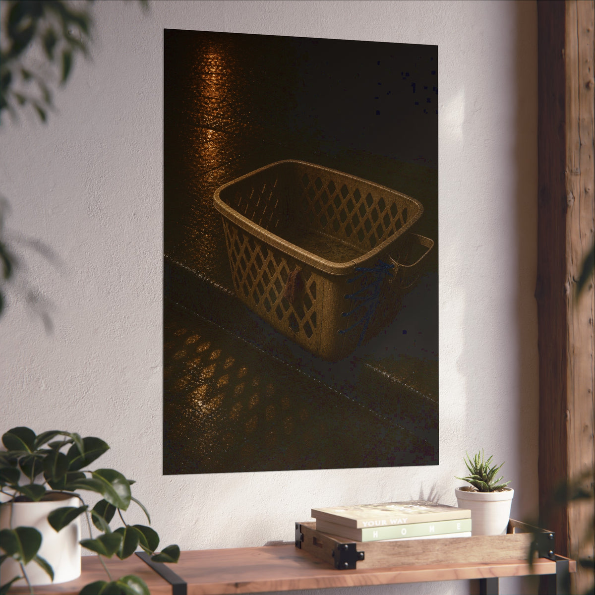 An empty plastic laundry basket on a wet curb under warm street light. The Emptying at the Curb by Garabaggio, fine art print hanging in a room.