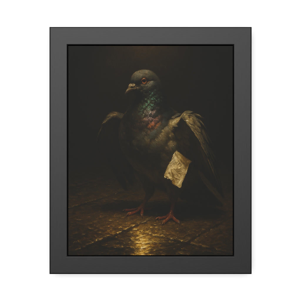 A pigeon with wings half raised, a paper scrap at its side. The Annunciation of the Common Pigeon by Garabaggio, framed fine art print, 11″ x 14″.