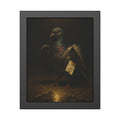 A pigeon with wings half raised, a paper scrap at its side. The Annunciation of the Common Pigeon by Garabaggio, framed fine art print, 11″ x 14″.