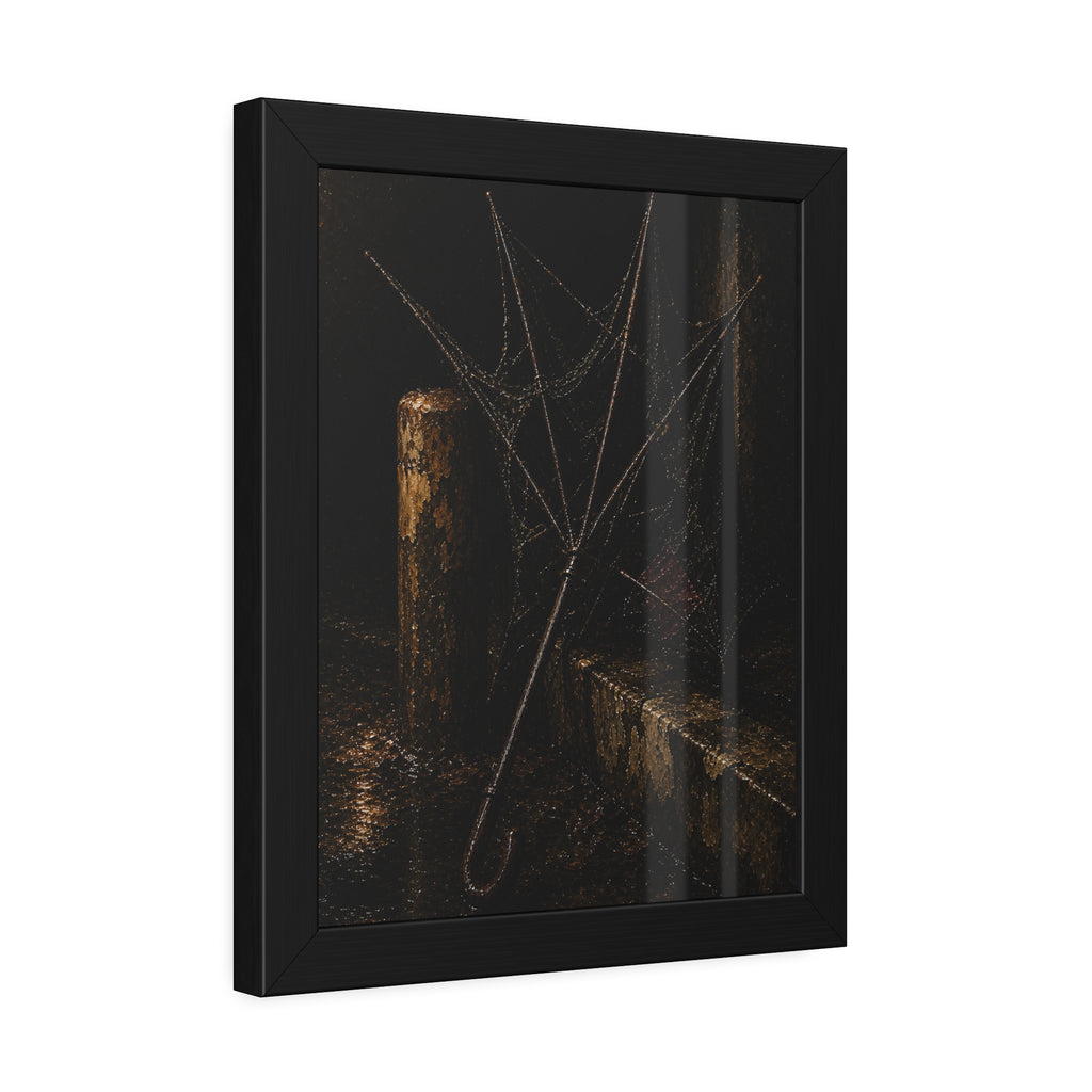 A broken umbrella with torn fabric leaning against a post on a wet curb. The Crown of Ribs by Garabaggio, framed fine art print hanging in a room.