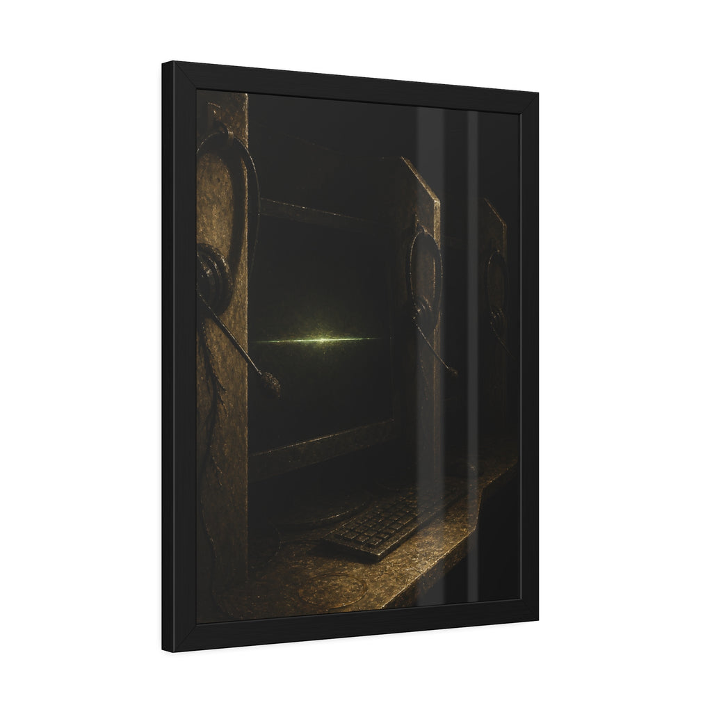 Dark cubicle monitors and a headset, one screen holding a thin green line. Power Down by Rows by Garabaggio, framed fine art print hanging in a room.