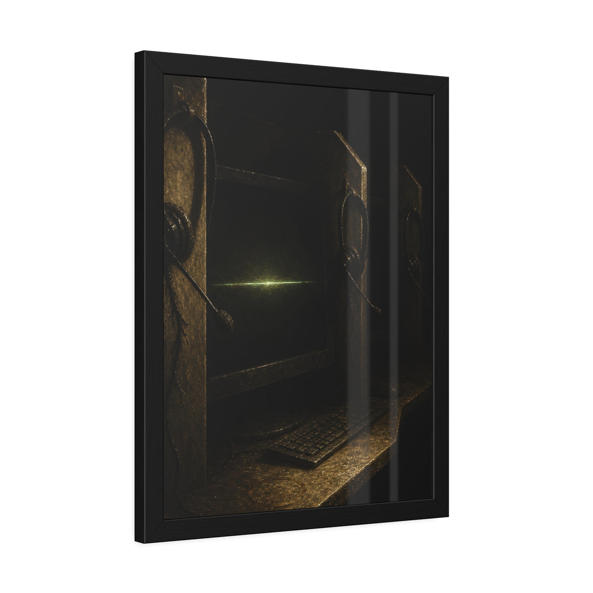 Dark cubicle monitors and a headset, one screen holding a thin green line. Power Down by Rows by Garabaggio, framed fine art print hanging in a room.