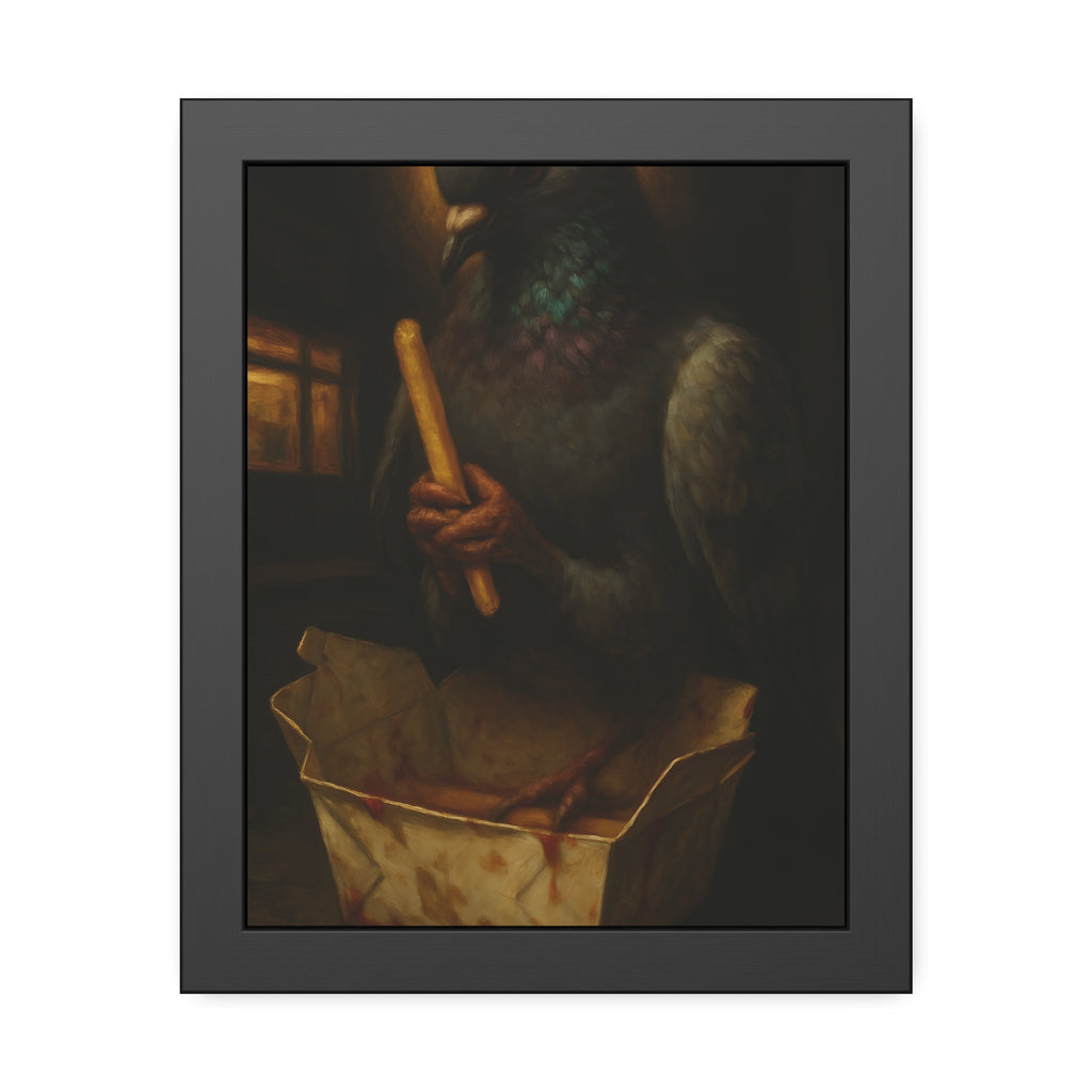 A haloed pigeon holding a french fry over a takeout carton in an alley. Madonna of the Pigeon with Fries by Garabaggio, framed fine art print, 11″ x 14″.