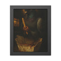 A haloed pigeon holding a french fry over a takeout carton in an alley. Madonna of the Pigeon with Fries by Garabaggio, framed fine art print, 11″ x 14″.