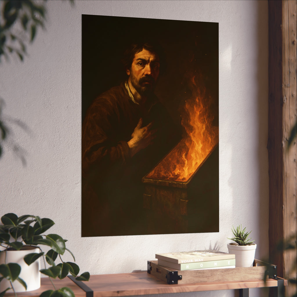 Man with a hand on his chest as flames run the length of a dumpster. Self-Portrait in the Final Hour by Garabaggio, fine art print hanging in a room.