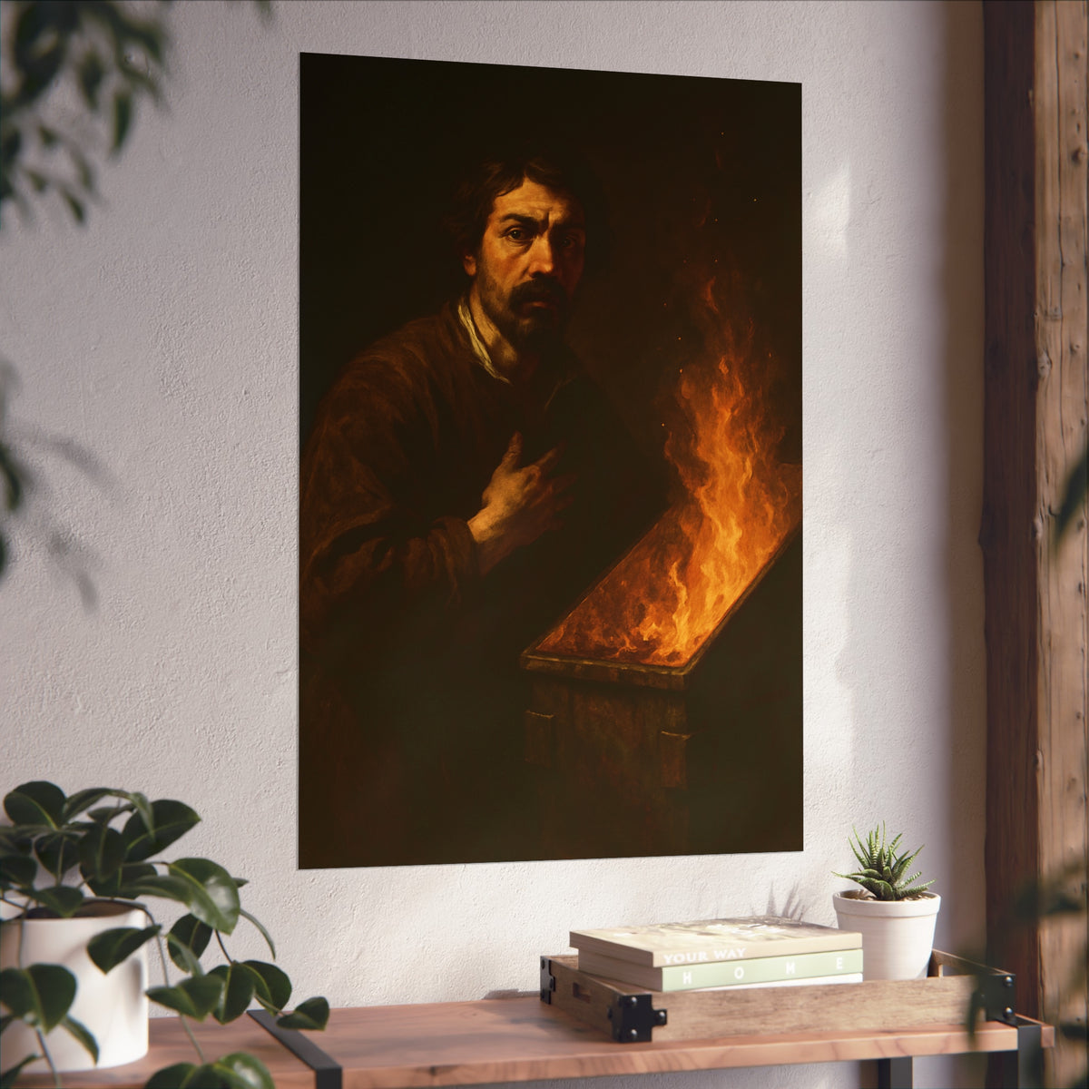 Man with a hand on his chest as flames run the length of a dumpster. Self-Portrait in the Final Hour by Garabaggio, fine art print hanging in a room.
