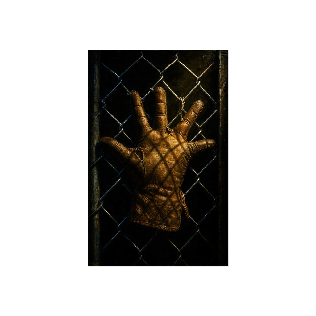 A worn leather glove caught fingers up on a dark chain-link fence. The Crucifixion on Chain-Link by Garabaggio, fine art print hanging in a room.