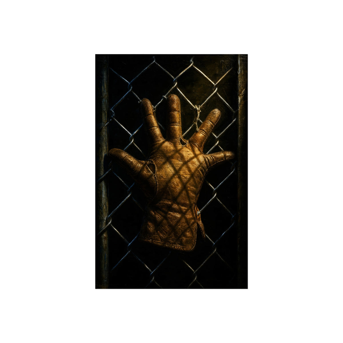 A worn leather glove caught fingers up on a dark chain-link fence. The Crucifixion on Chain-Link by Garabaggio, fine art print hanging in a room.