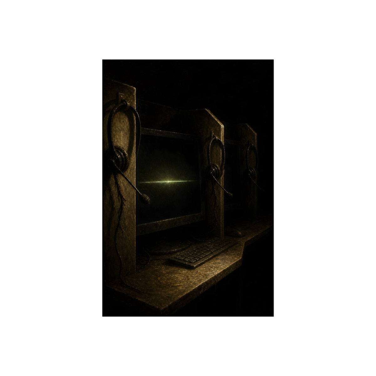 Dark cubicle monitors and a headset, one screen holding a thin green line. Power Down by Rows by Garabaggio, fine art print, 24″ x 36″.