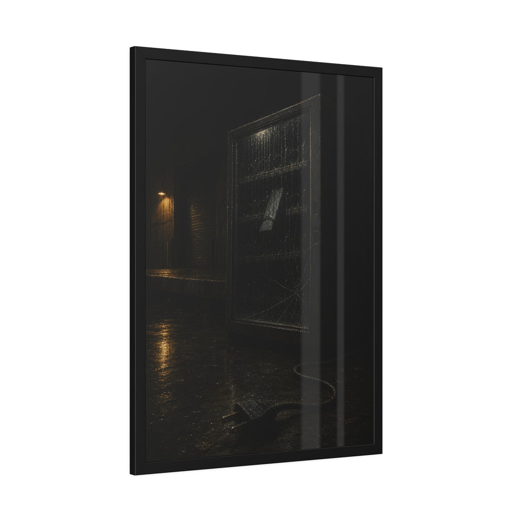 A vending machine in the rain, its cord and plug trailing across wet pavement. The Weathering Outside by Garabaggio, framed fine art print hanging in a room.
