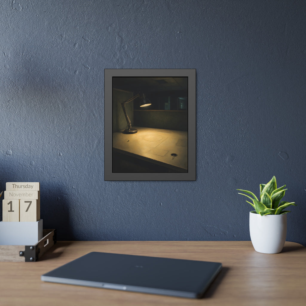 A lit desk lamp on an emptied office desk at night. The Desk Lamp Still Warm by Garabaggio, framed fine art print hanging in a room.