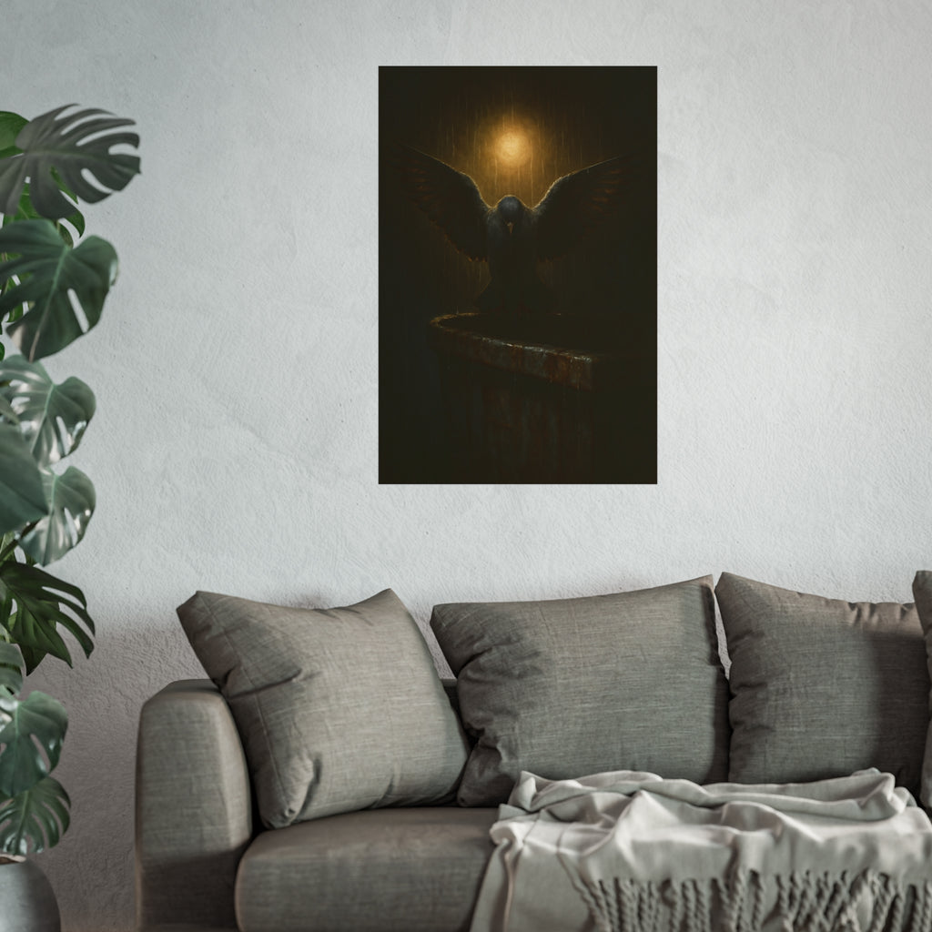 A pigeon with wings spread on a dumpster rim under a lamp in the rain. The Passion (Study in Rain) by Garabaggio, fine art print hanging in a room.