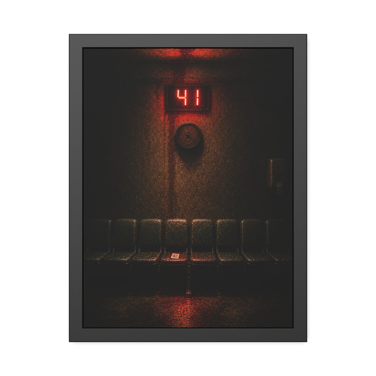 An empty row of waiting room seats beneath a red display reading 41. The Call That Does Not Come by Garabaggio, framed fine art print, 18″ x 24″.