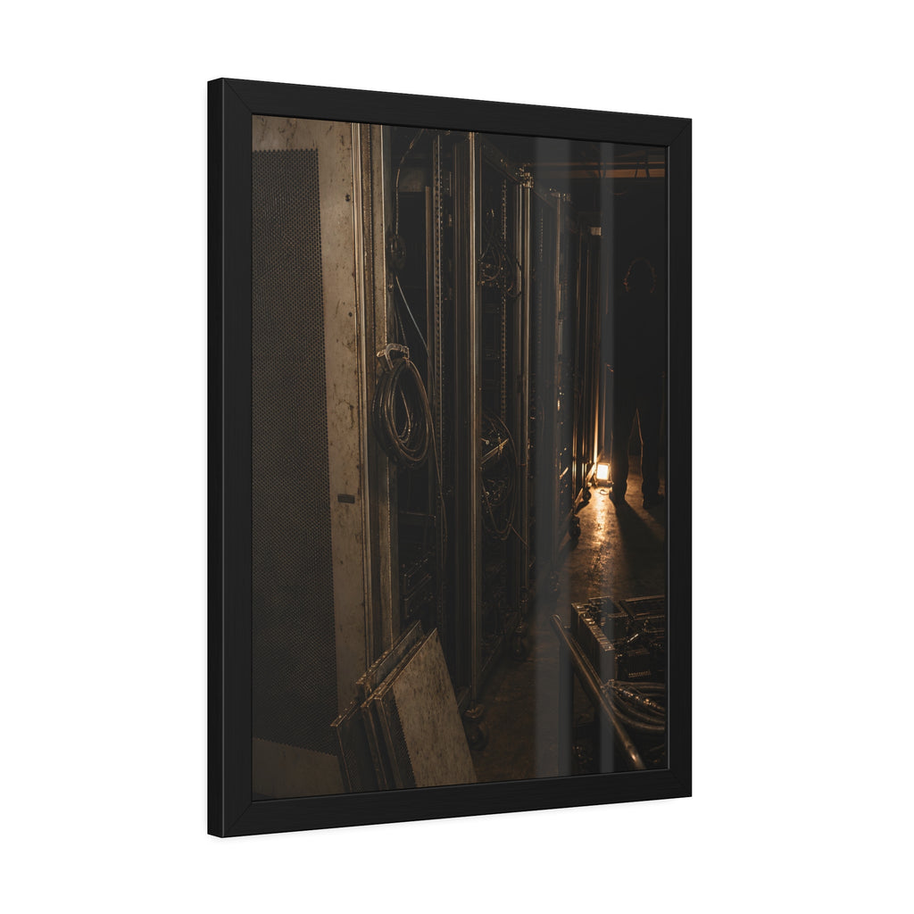 Open server racks in a dark room, a work lamp and a figure at the end. Garabaggio at the End of the Row by Garabaggio, framed fine art print hanging in a room.
