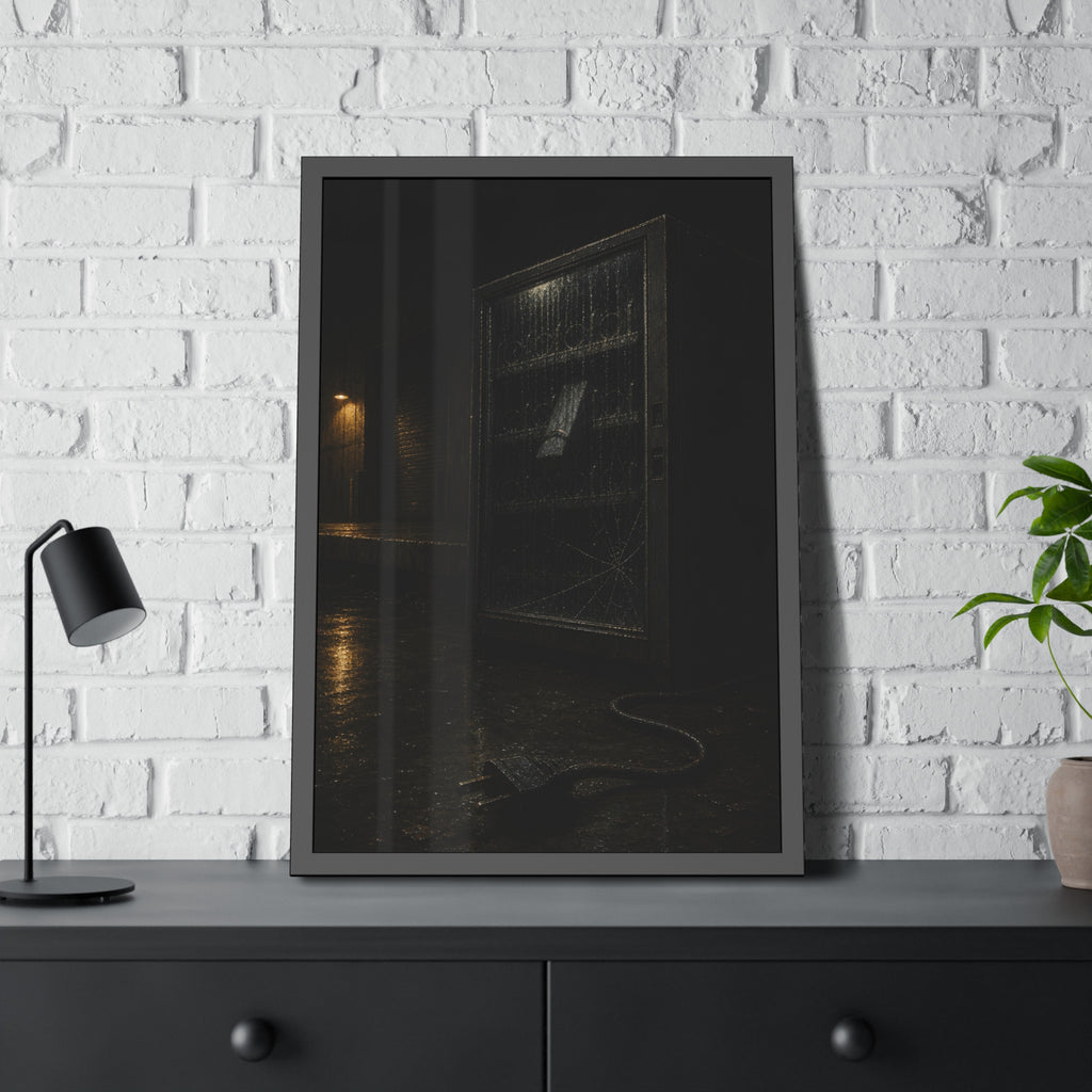 A vending machine in the rain, its cord and plug trailing across wet pavement. The Weathering Outside by Garabaggio, framed fine art print hanging in a room.