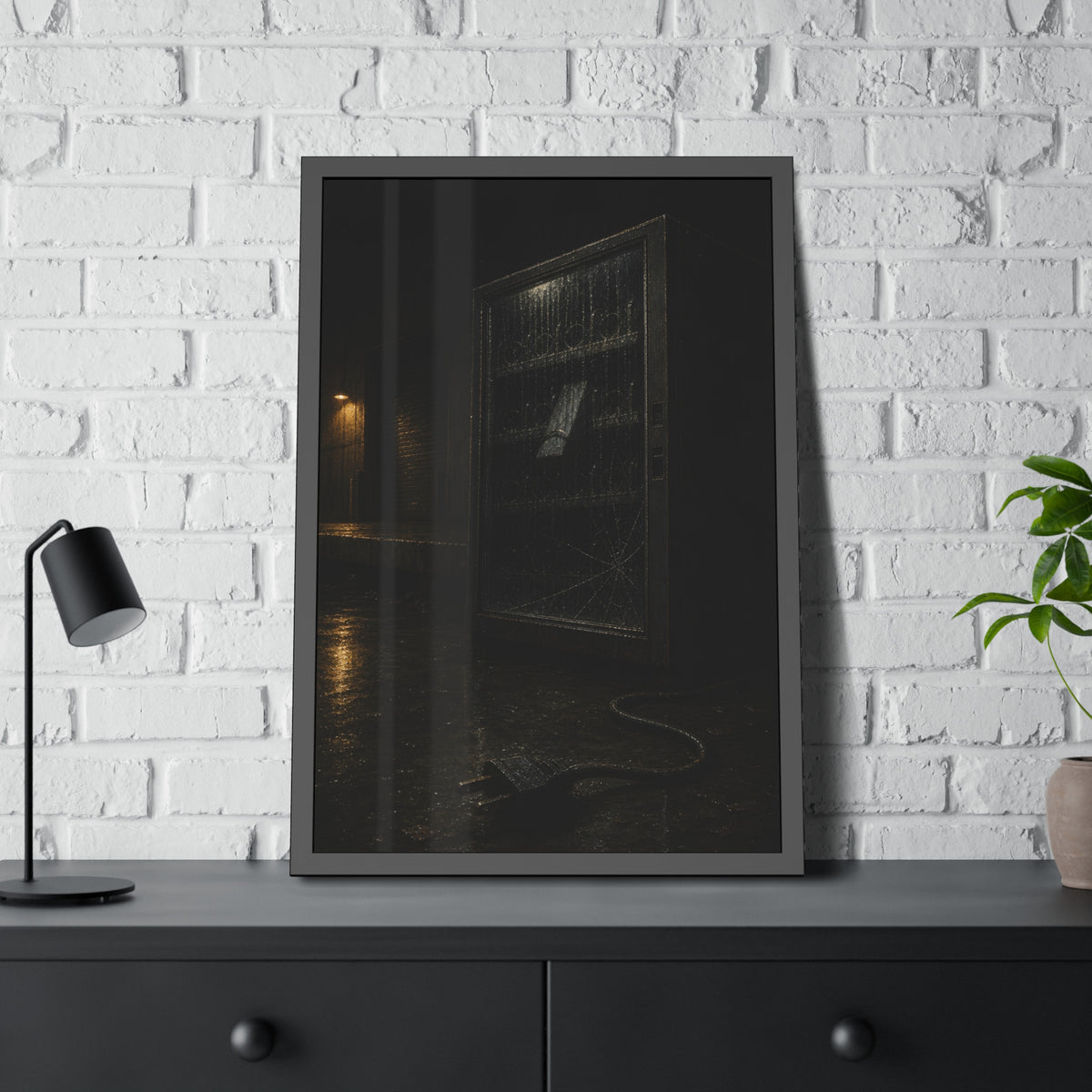 A vending machine in the rain, its cord and plug trailing across wet pavement. The Weathering Outside by Garabaggio, framed fine art print hanging in a room.