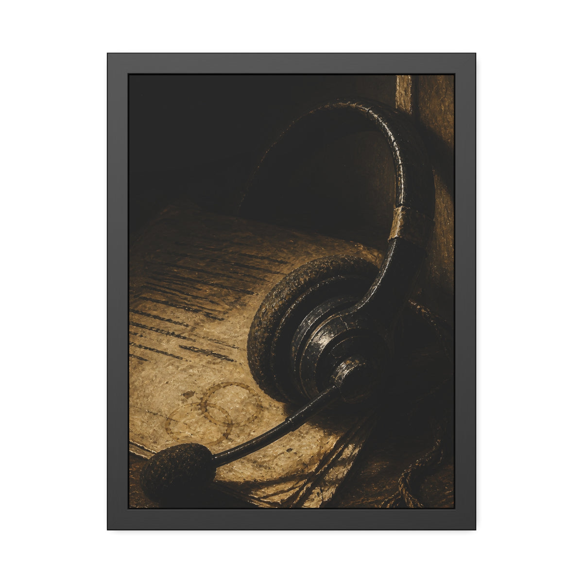 A worn headset resting on a printed script page with coffee rings. The Script Beside the Mouthpiece by Garabaggio, framed fine art print, 18″ x 24″.
