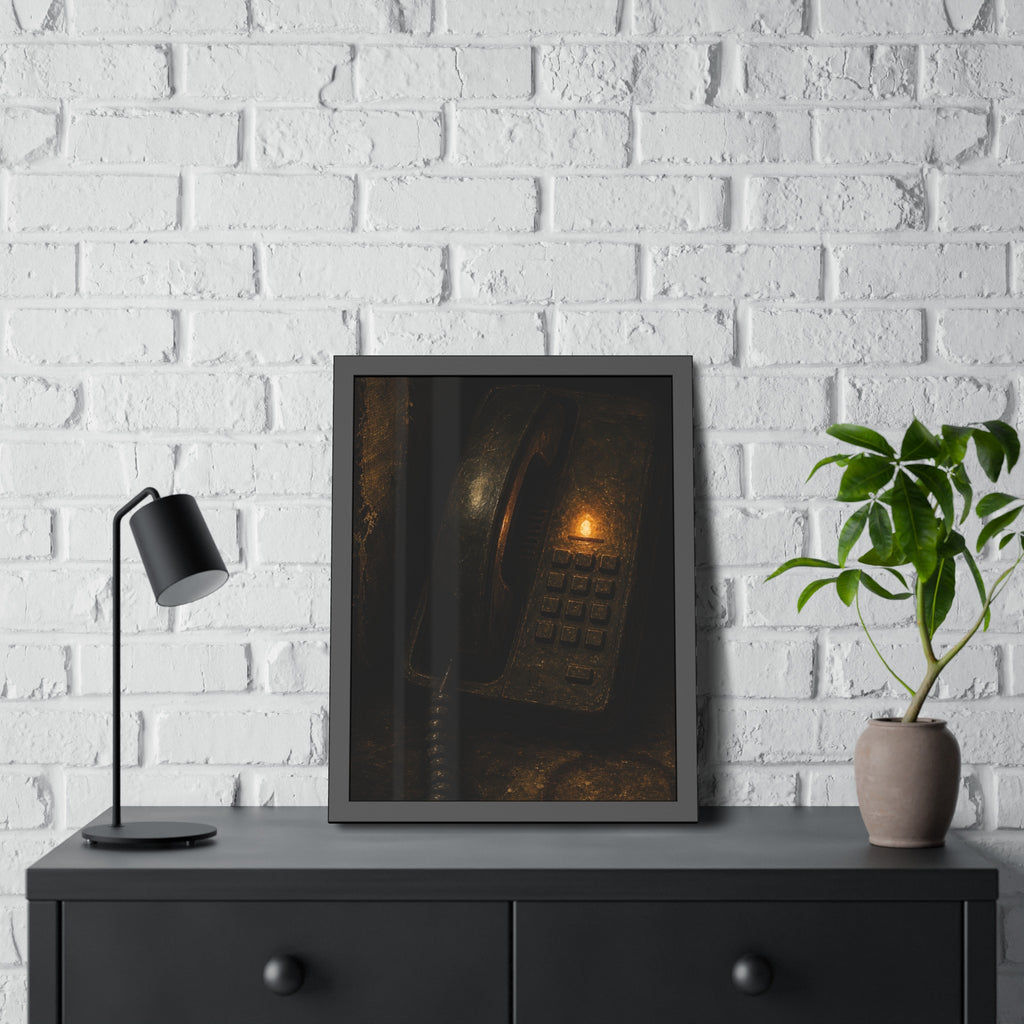 An old desk phone in the dark with one amber line light glowing. The First Ring by Garabaggio, framed fine art print hanging in a room.