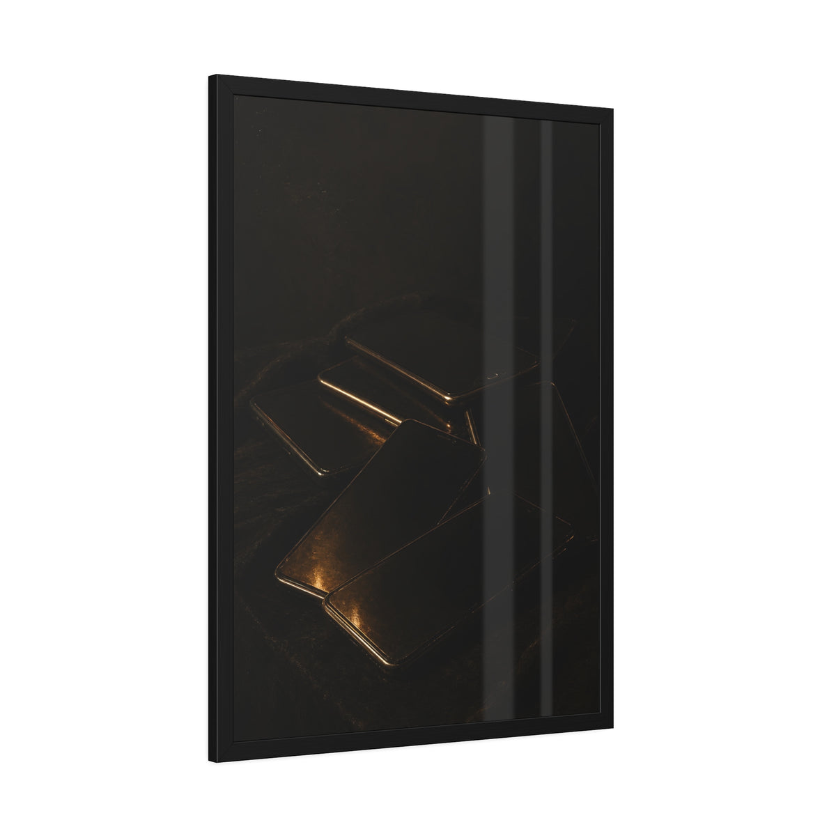 Stack of dead phone screens on dark cloth, edges catching warm light. After the Light Goes Out by Garabaggio, framed fine art print hanging in a room.
