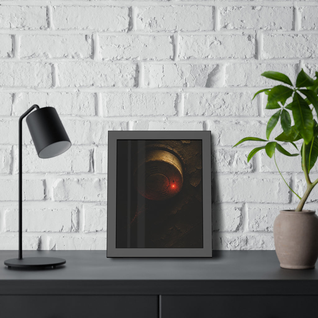 A dusty smoke detector on a peeling ceiling with its red light on. The First Red Blink by Garabaggio, framed fine art print hanging in a room.