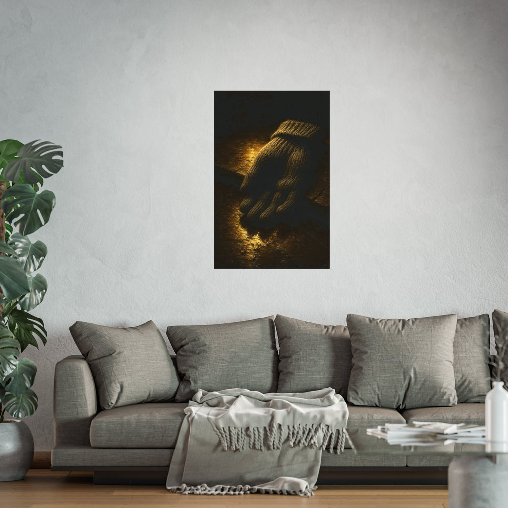 A knitted wool glove palm down on wet stone in gold light. The Presentation of the Woolen Glove by Garabaggio, fine art print hanging in a room.