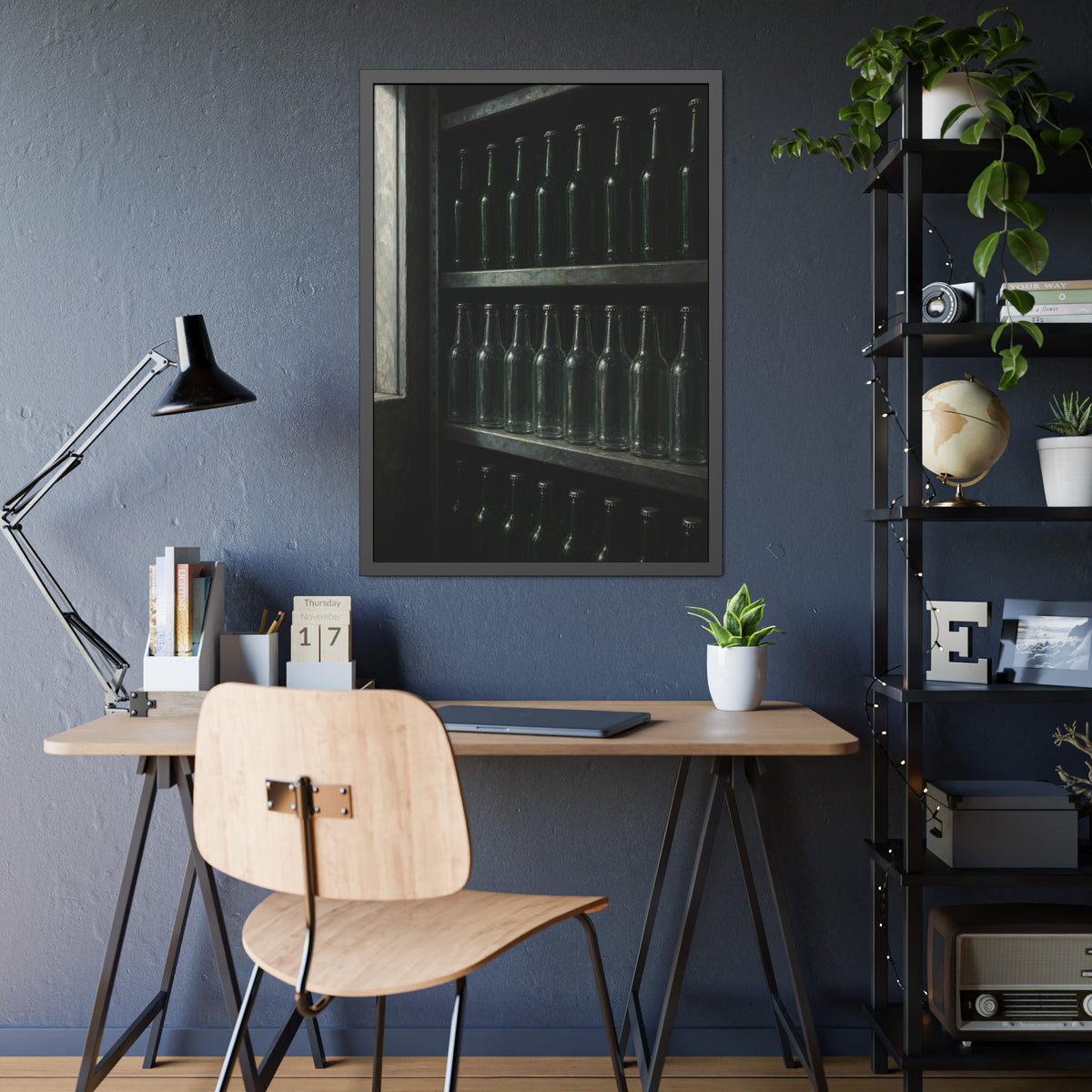 Rows of empty bottles on dim metal shelves, green above and clear below. The Shelf of New Bottles by Garabaggio, framed fine art print hanging in a room.