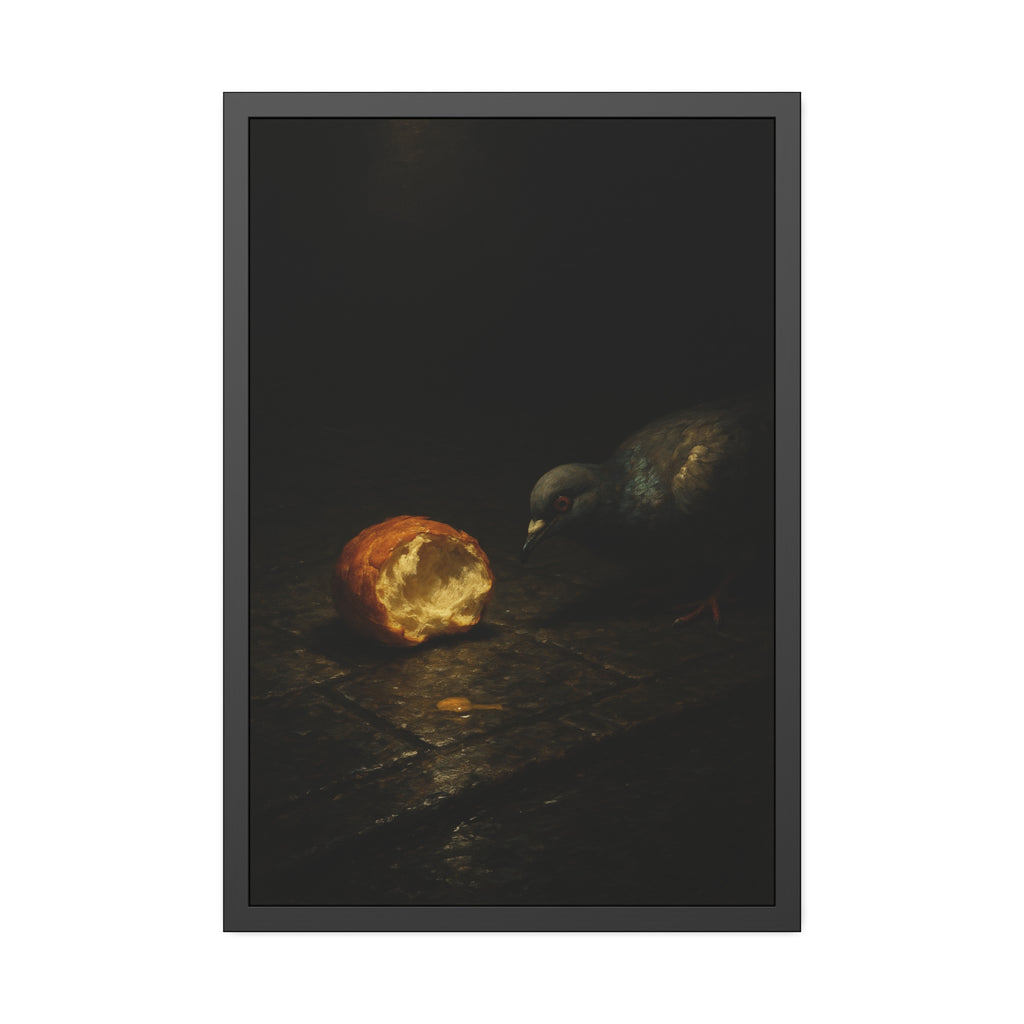 A pigeon leaning toward a torn bread roll on wet paving stones. The Offering of the Discarded Bun by Garabaggio, framed fine art print hanging in a room.