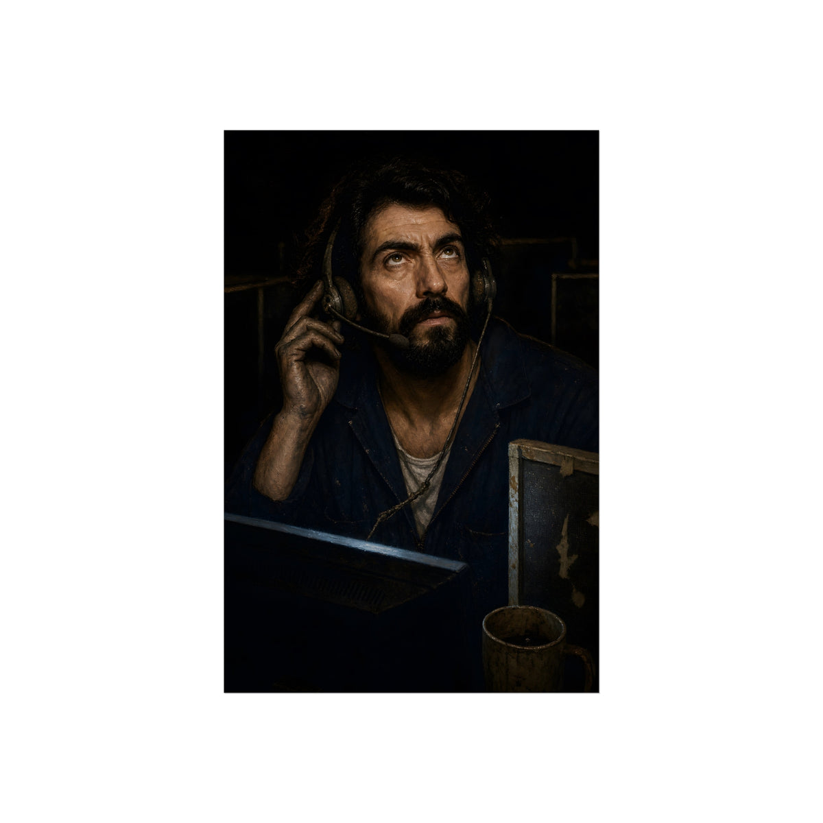 A man in a phone headset looks upward over the glow of a monitor. Garabaggio on Hold by Garabaggio, fine art print, 24″ x 36″.