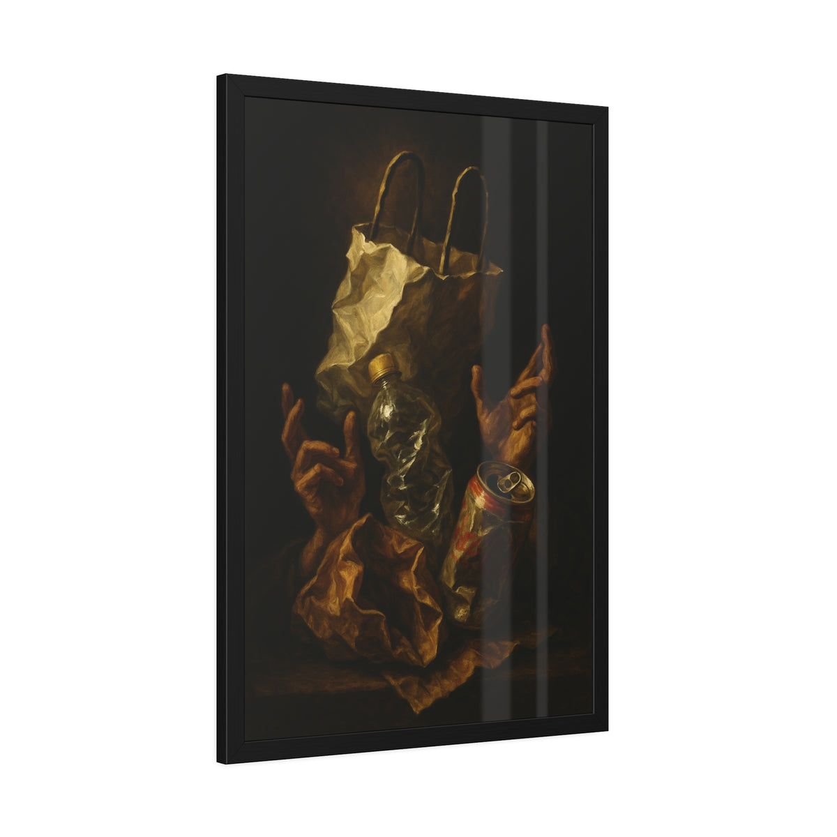 Two hands raised beside a paper bag, crushed bottle and dented can. The Assumption of the Discarded by Garabaggio, framed fine art print hanging in a room.