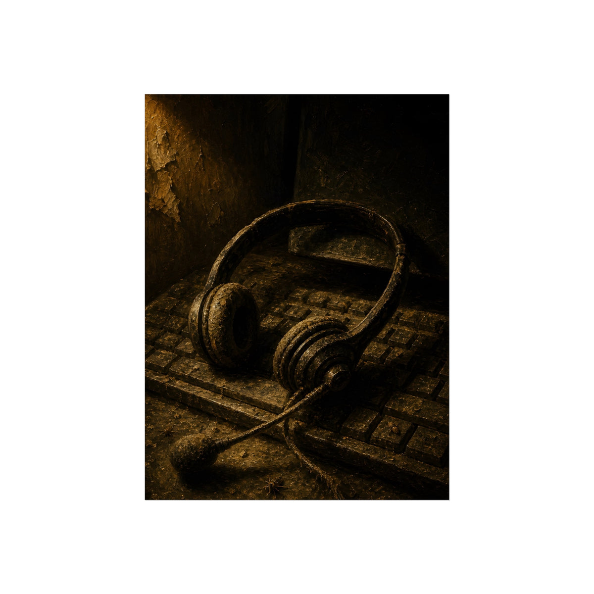 Dust covered headset resting on an old keyboard in brown light. Cubicles Under Dust by Garabaggio, fine art print, 18″ x 24″.