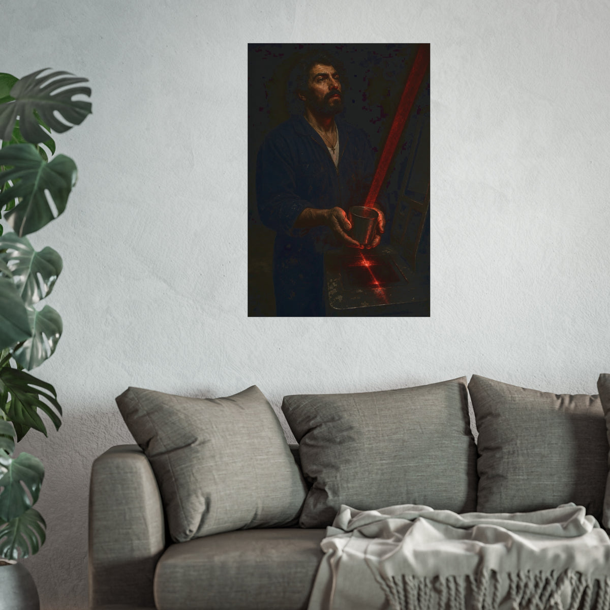 A man in blue coveralls holding a metal cup in a red scanner beam. The First Scan by Garabaggio, fine art print hanging in a room.